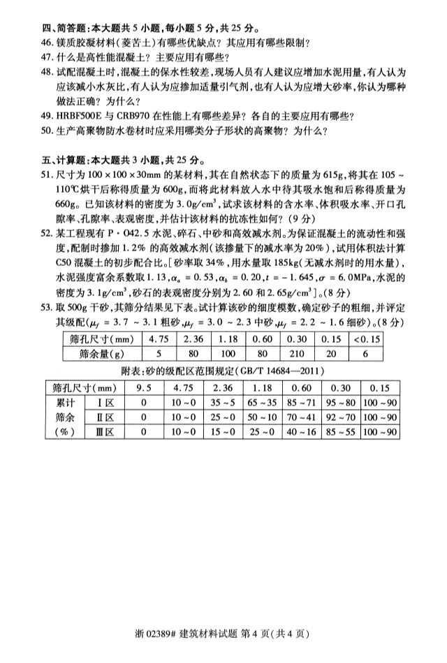 全國2019年10月自考02389建筑材料試題